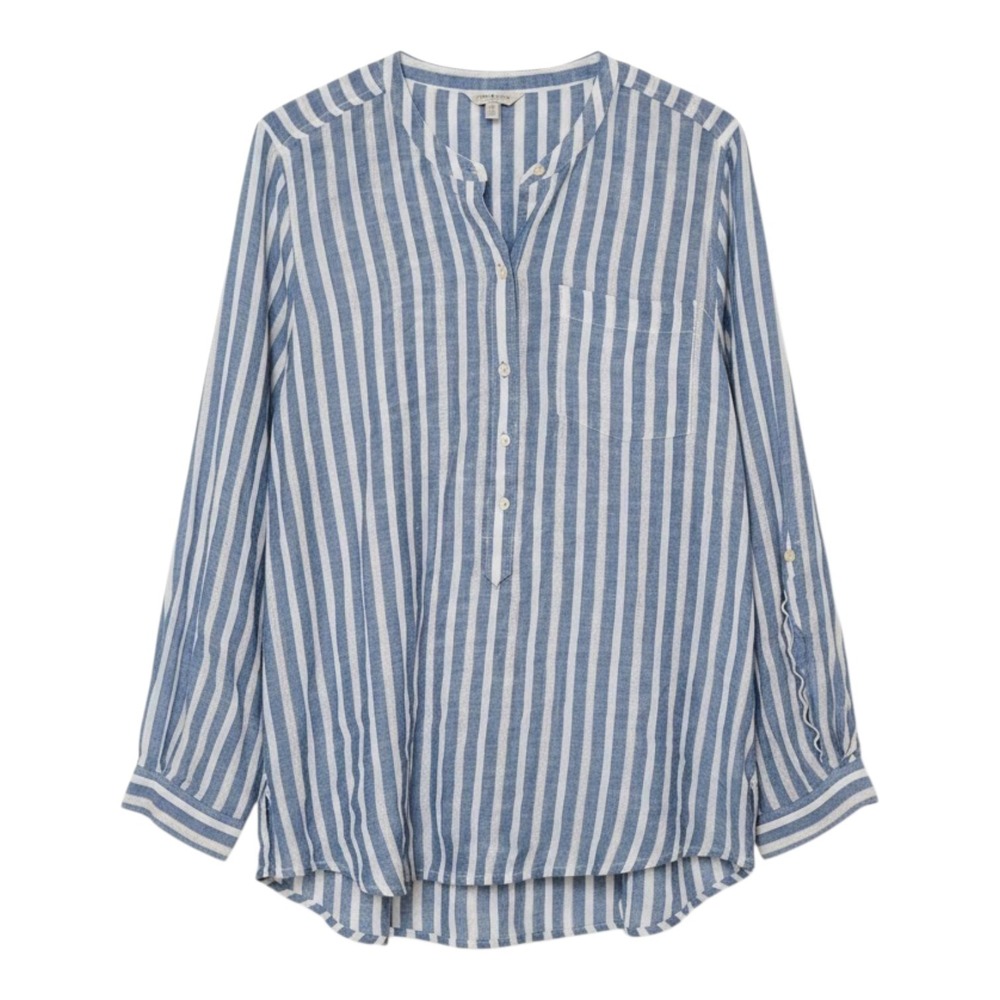 Lucky Brand Womens Large Linen Blend White Blue Tan Striped Tunic Popover Top